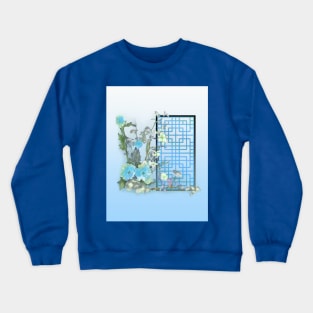 Blue sumiE watercolor flowers with a chinese lattice Crewneck Sweatshirt